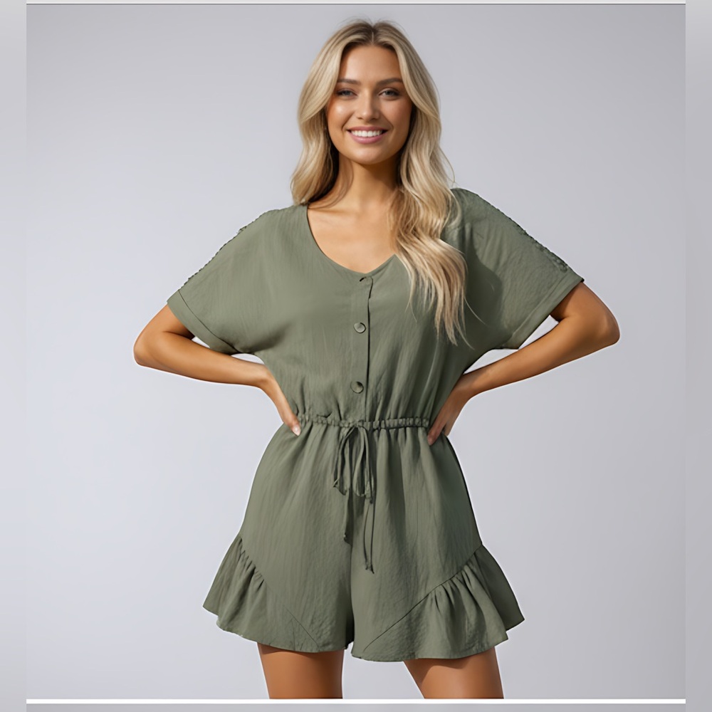 Khaki Drawstring Waist Ruffle Hem Romper